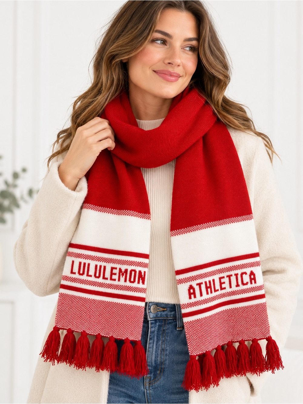 Lululemon Red White Knit Logo Scarf Tassel Fringe Cozy Winter Athleisure